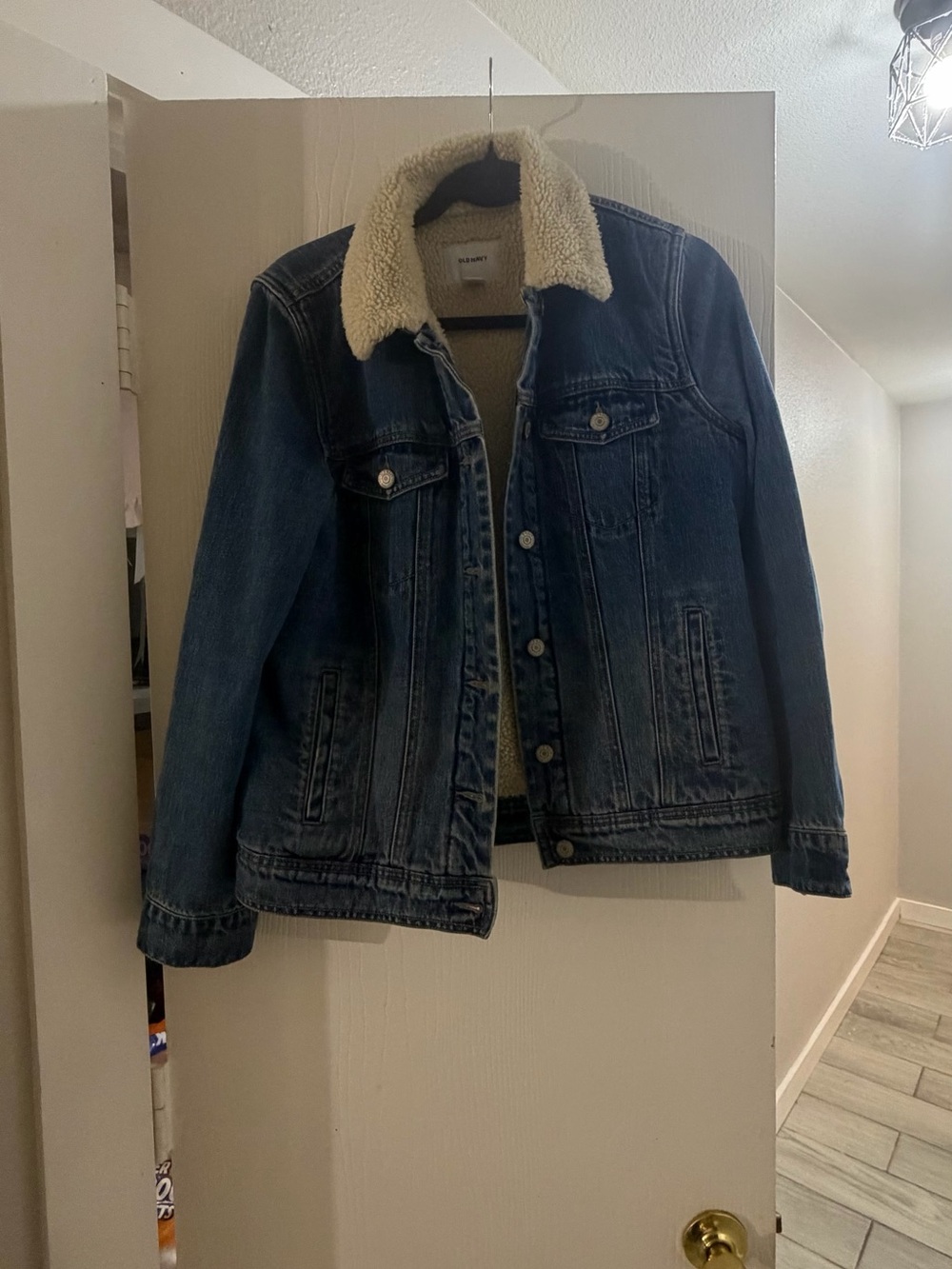 Old Navy Dark Blue Denim Jacket with Cream Sherpa Collar
